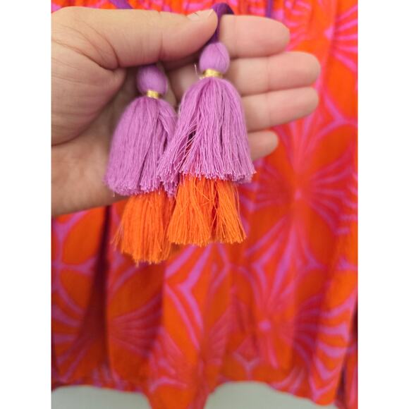 THML Boho Peasant Top Orange Pink Geometric Print Tassel Blouse Size M Statement - Picture 5 of 10